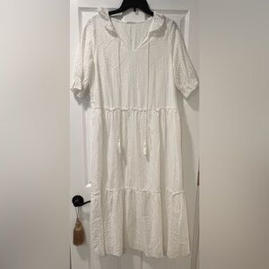 NWOTWhite Eyelet M Maxi Dress Lined Split V-Neck Tassel Closure Cotton/Polyester